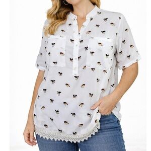 Asos Button up blouse top puppy dog print terrier white short sleeve V-neck SZ L